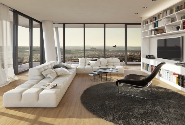 Porte-fenêtre - Salon avec baie vitrée et vue sur les toits