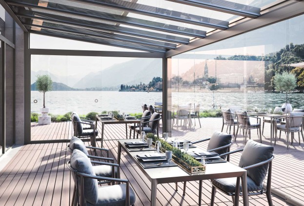 Glasschiebewand-Ueberdachung Gastronomie