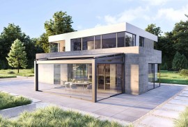 Porte-fenêtre d'immeuble résidentiel avec auvent et paroi coulissante en verre Vue extérieure