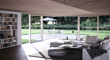 heroal system solutions create valuable living environments in residential and commercial buildings. An architectural highlight is the heroal S 77 SL lifting-sliding system, which will be shown at BAU 2023 in combination with the new heroal VS Z sun protection system for corners. © heroal